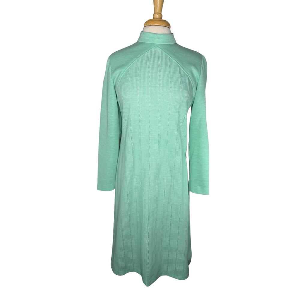 Vintage BLEEKER STREET Seafoam Green 70s Long Sleeve Eyelet Shirt Dress Size 11